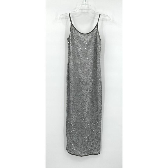 vintage 90s STENAY slip dress 100% silk gown beaded column silver metallic 2P - Picture 1 of 9